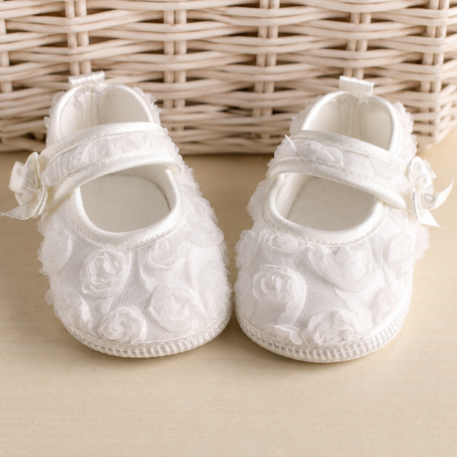 Scarpette bimba con roselline panna