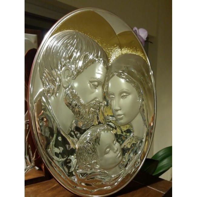 Sacra famiglia argento e legno h 39x29 cm