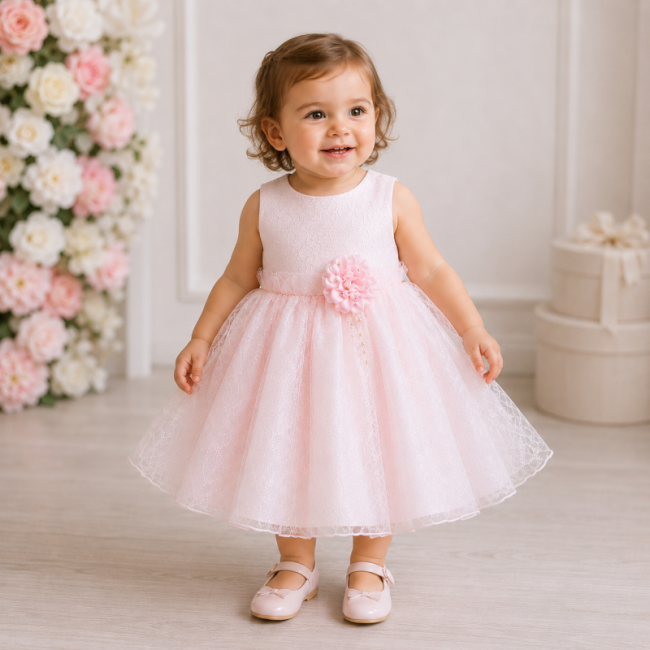 abito bimba pizzo con fiore rosa Abito bimba pizzo con fiore rosa