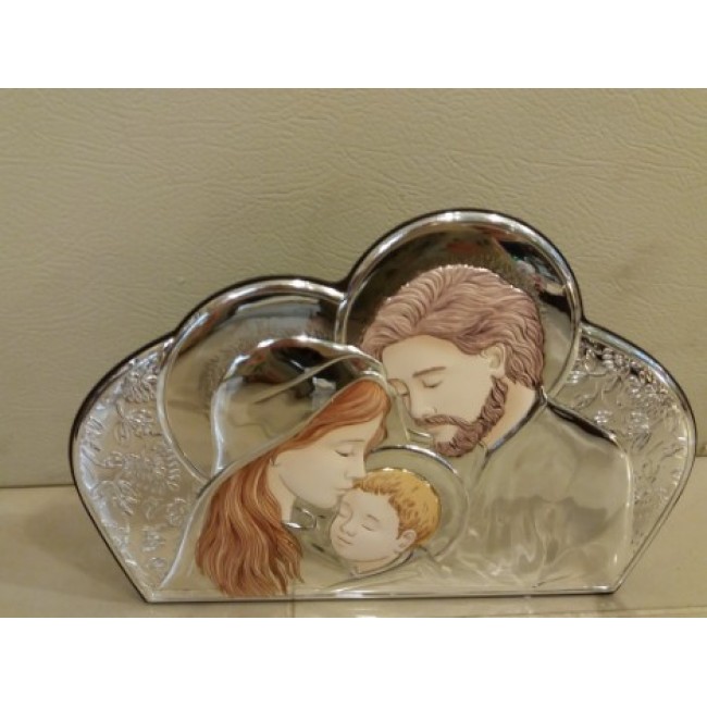 Bomboniera icona metallo argentato decorato su legno sacra famiglia