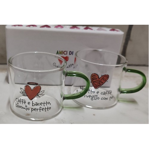 set 2 tazzine vetro amici di cuore matto