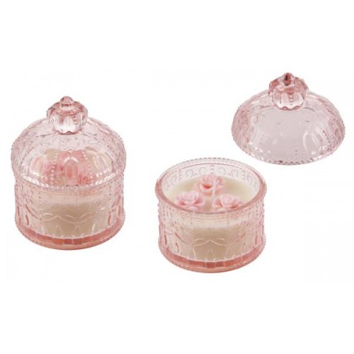 scatola in vetro rosa con candela  