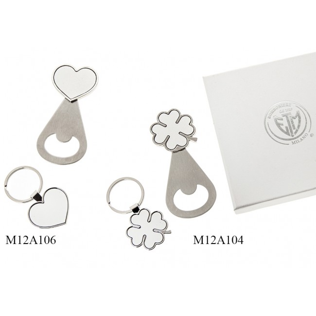 set apribottiglie e portachiavi cuore quadrifoglio Bomboniera set apribottiglie e portachiavi cuore quadrifoglio