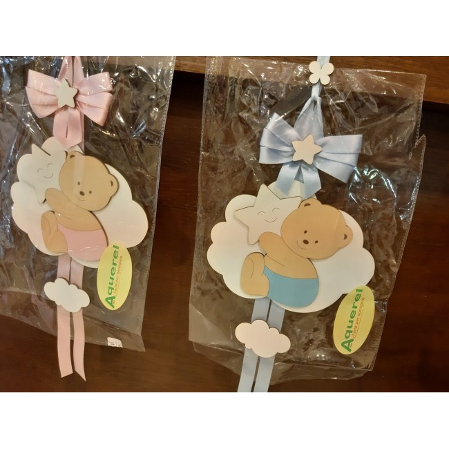 Fiocco nascita orso con stella grande in legno