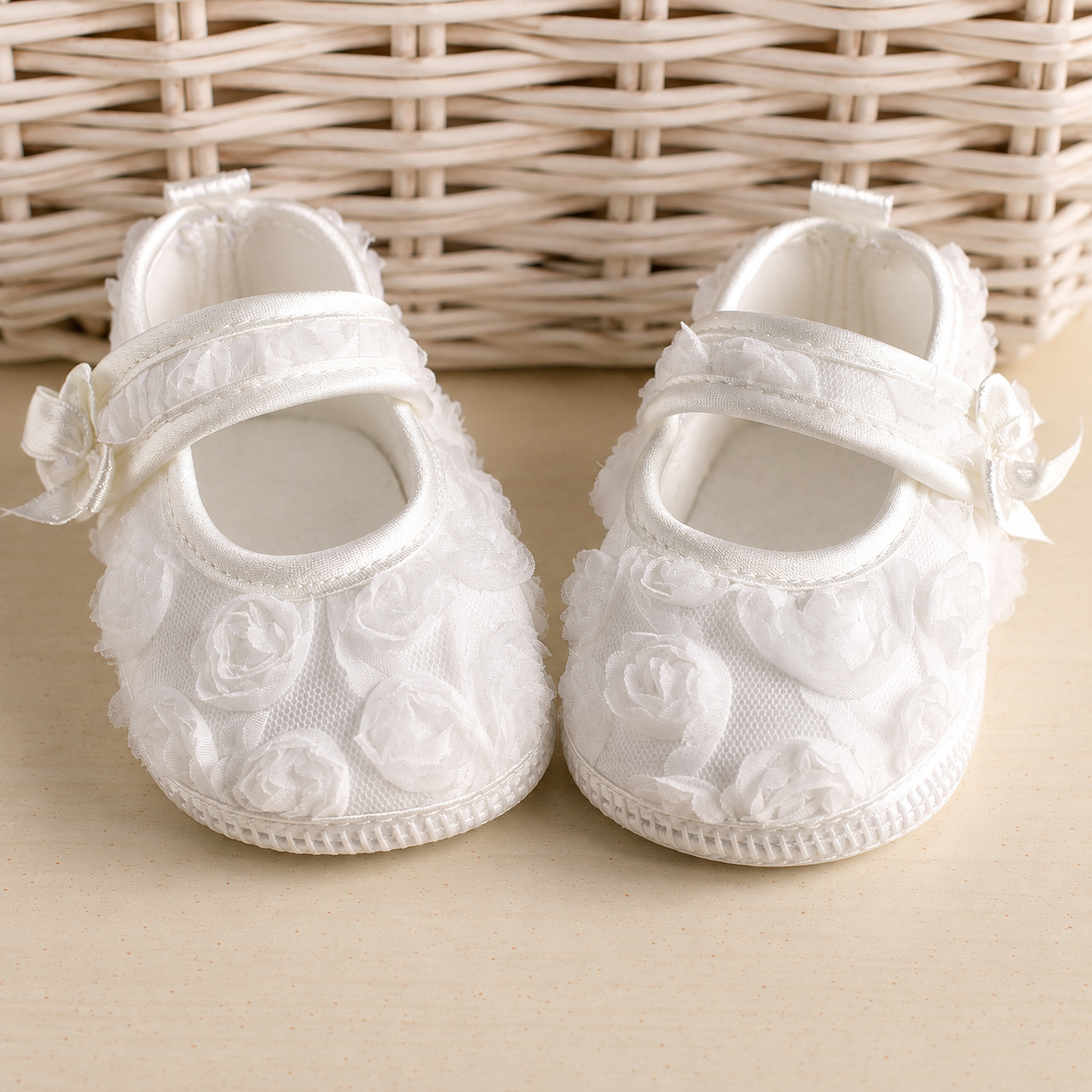 Scarpette bimba con roselline panna