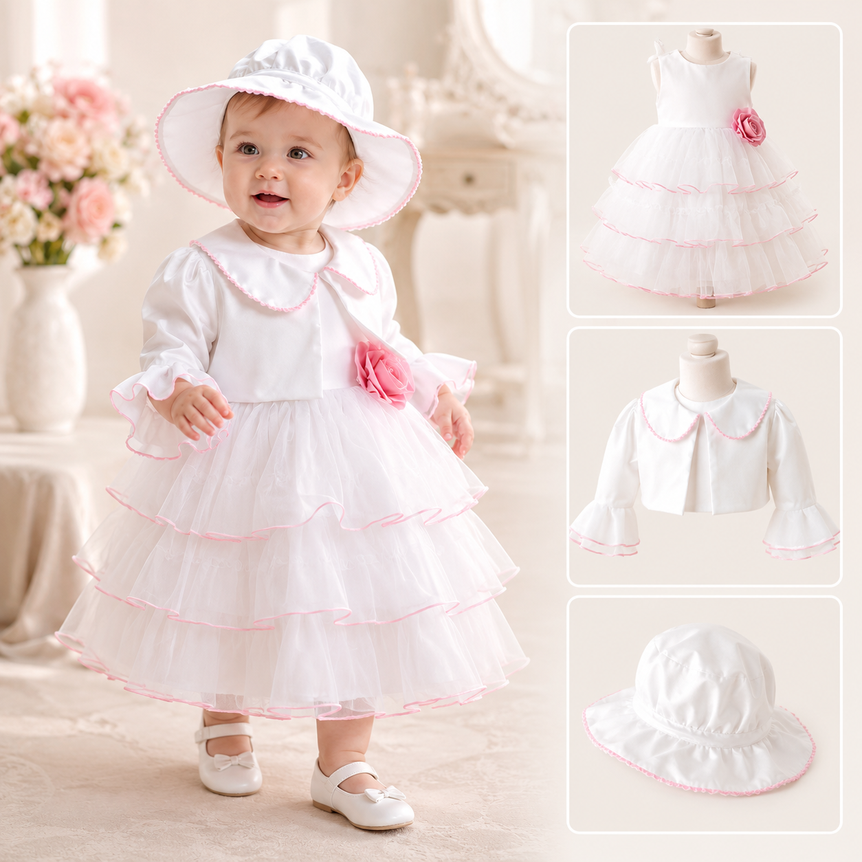 Abito bianco e rosa a balze Abito bianco e rosa a balze
