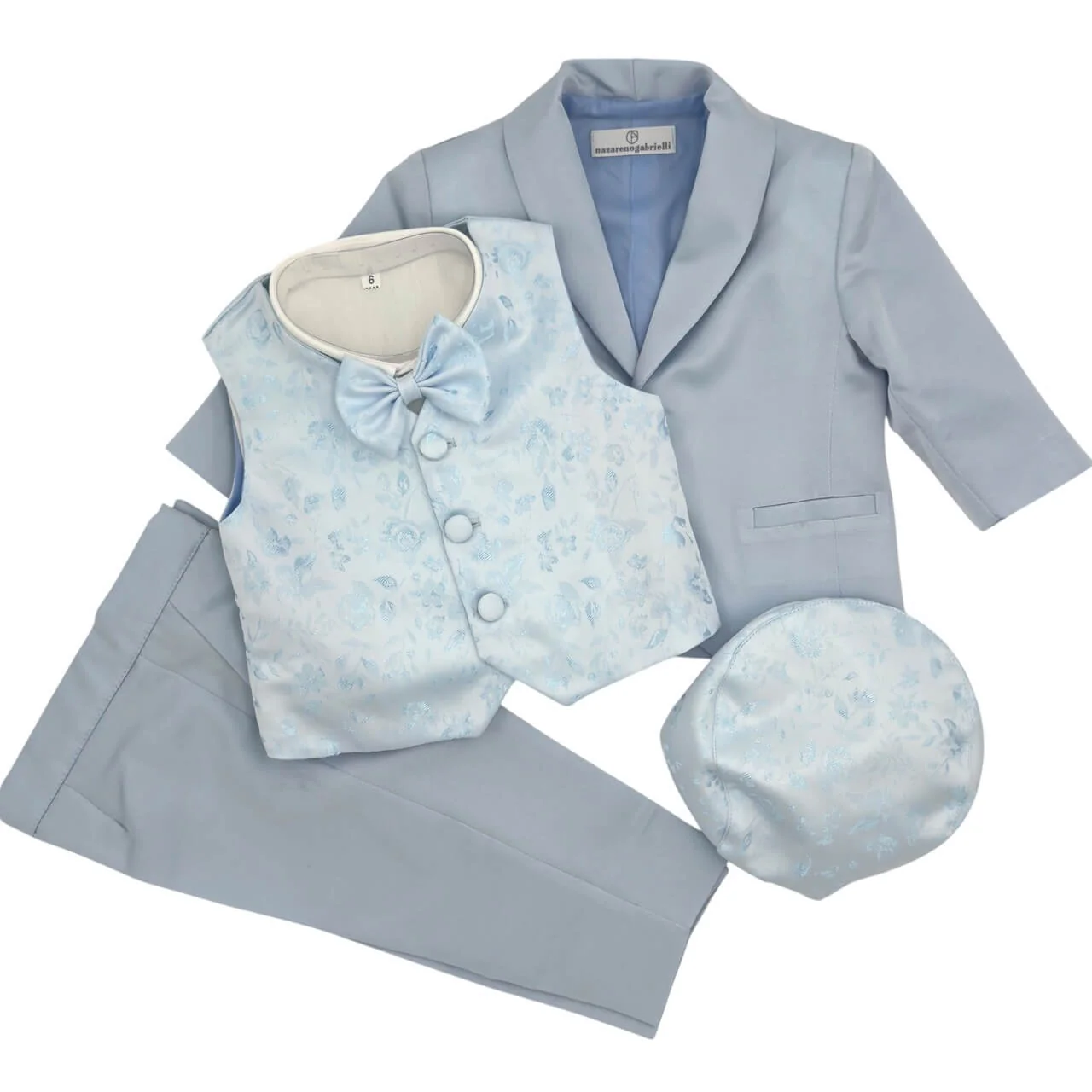 Abito nazareno gabrielli celeste con gilet damascato