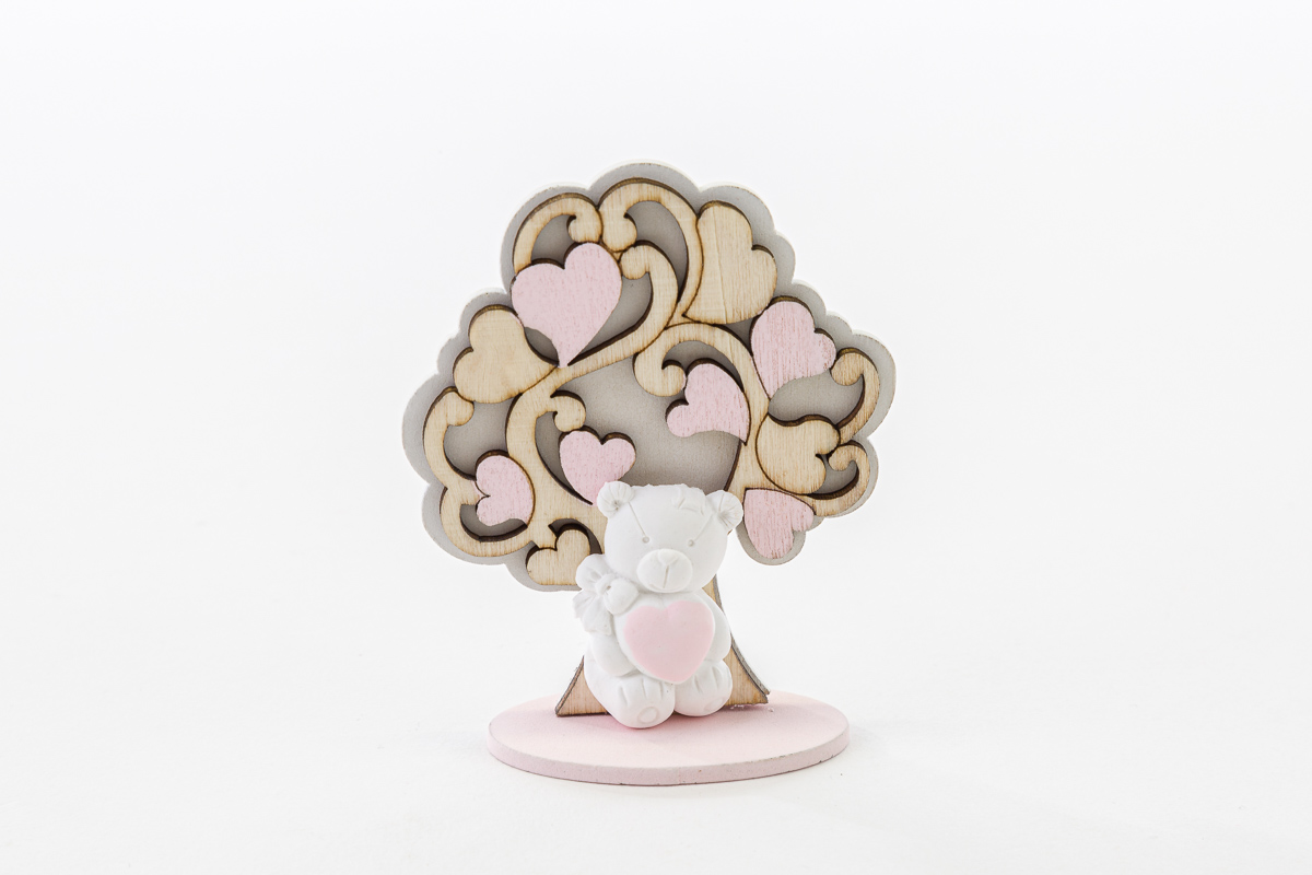 Bomboniera albero legno con orsetto gesso