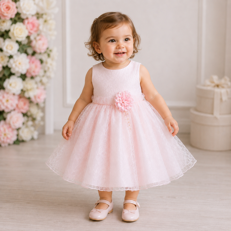 Abito bimba pizzo con fiore rosa Abito bimba pizzo con fiore rosa