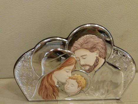 Bomboniera icona metallo argentato decorato su legno sacra famiglia