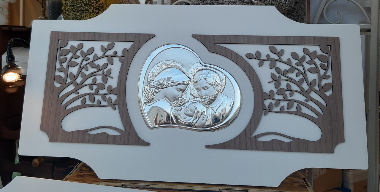 Quadro icona sacra famiglia argento con albero