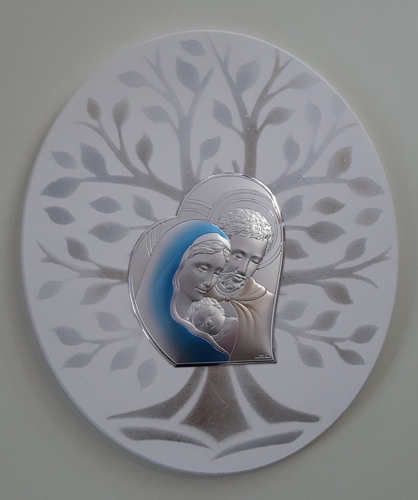 Quadro legno sacra famiglia argento colorato