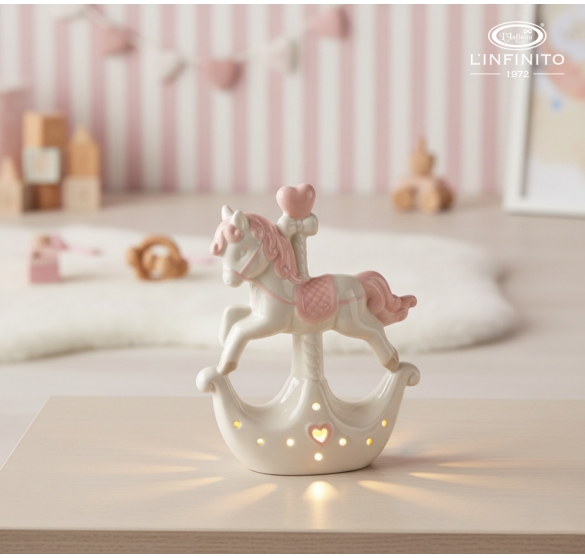 Bomboniera cavallo a dondolo rosa con led carillon