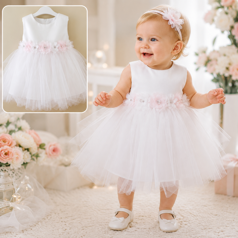 Abito bimba con fiori e tulle panna Abito bimba con fiori e tulle panna