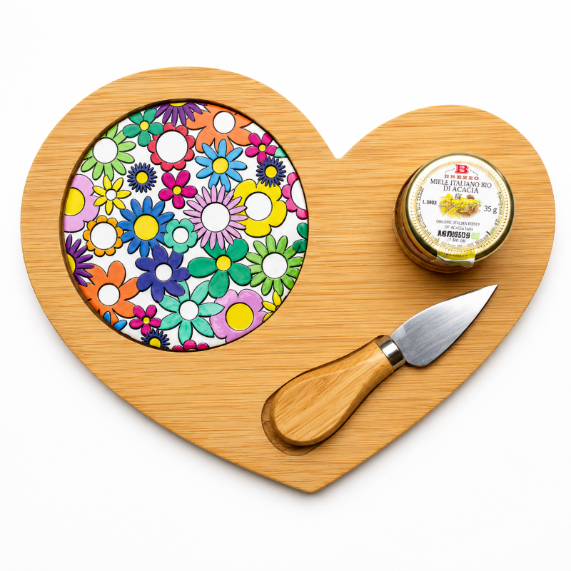 Bomboniera tagliere cuore con miele e coltello