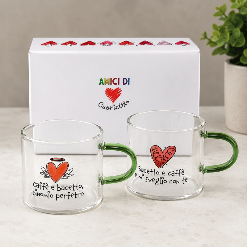 Amici di Cuore Matto Bomboniera set 2 tazzine vetro