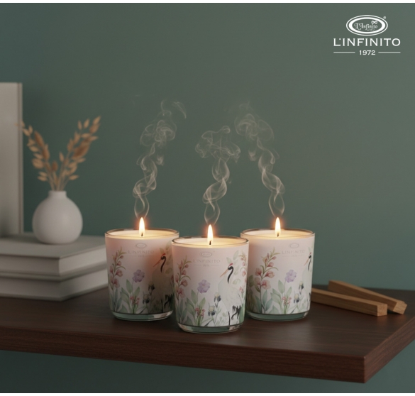 Bomboniera set 3 candele profumate decorate da gru e fiori