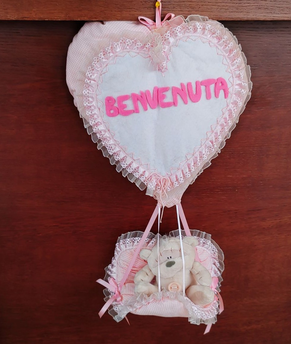Fiocco nascita mongolfiera cuore rosa Fiocco nascita mongolfiera cuore rosa