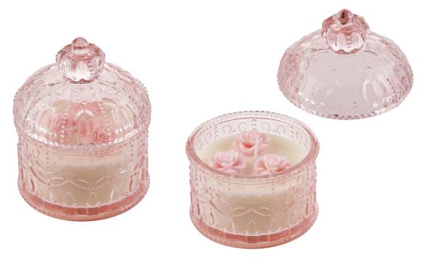 Bomboniera scatola in vetro rosa con candela