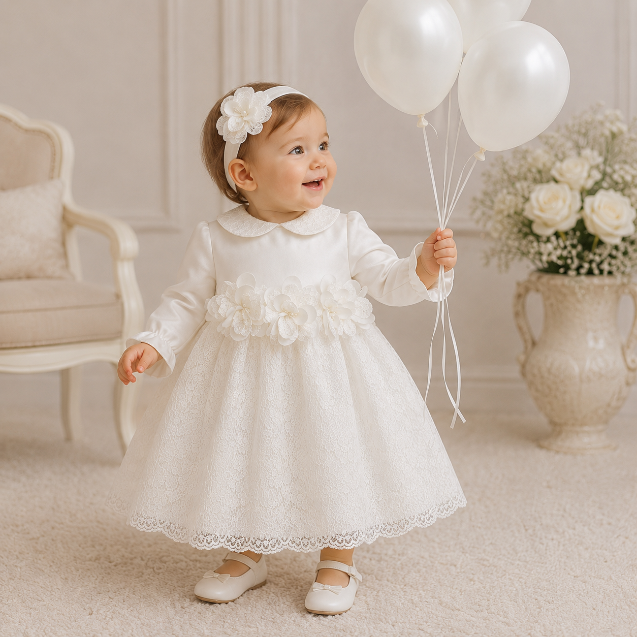 Klaiadi abito elegante per bimba con fiori e gonna in pizzo