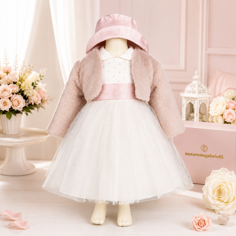 Nazareno Gabrielli Abito bimba panna e rosa pois