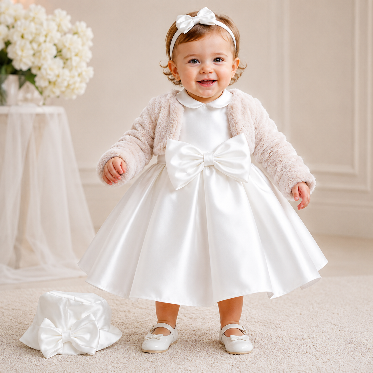 Nazareno Gabrielli Abito bimba panna con pelliccia beige