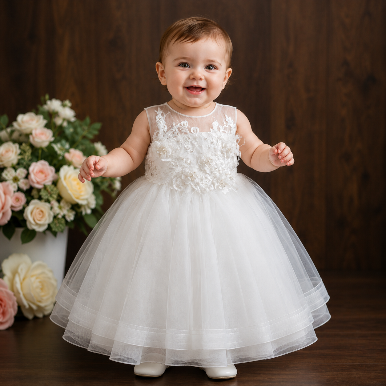 Abito bimba con fiori macramè e perline