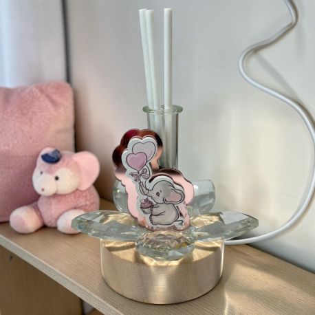 Bomboniera profumatore fiore cristallo con elefante rosa celeste e led